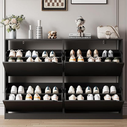 Shoe Storage Cabinet for Entryway with 4 Flip Drawers, Sturdy Wood Hidden Shoe Storage, Freestanding Narrow Slim Shoe Organizer for Front Door Entrance, Living Room, Hallway, Bedroom, Black