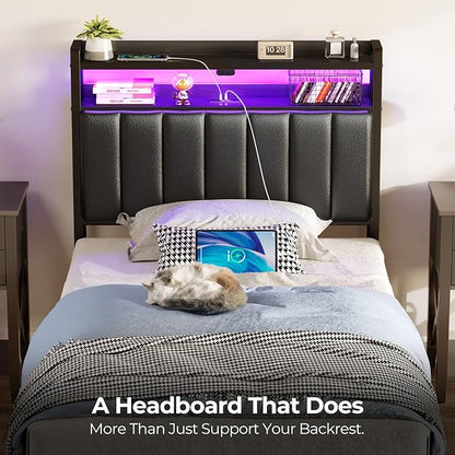 Rolanstar Headboard for Twin Size Bed with Storage, 60,000 DIY Color of LED Light, Head Board with USB & Type C Port, Height Adjustable, Black Upholstered Cabeceras de Cama Comfortable Modern, Leather
