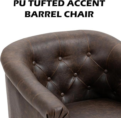 Pia Ricco Faux Leather Barrel Accent Chair, Comfy Club Armchair with Solid Wood Legs, Upholstered Single Sofa Chair for Living Room Bedroom/Reading Room, Chocolate