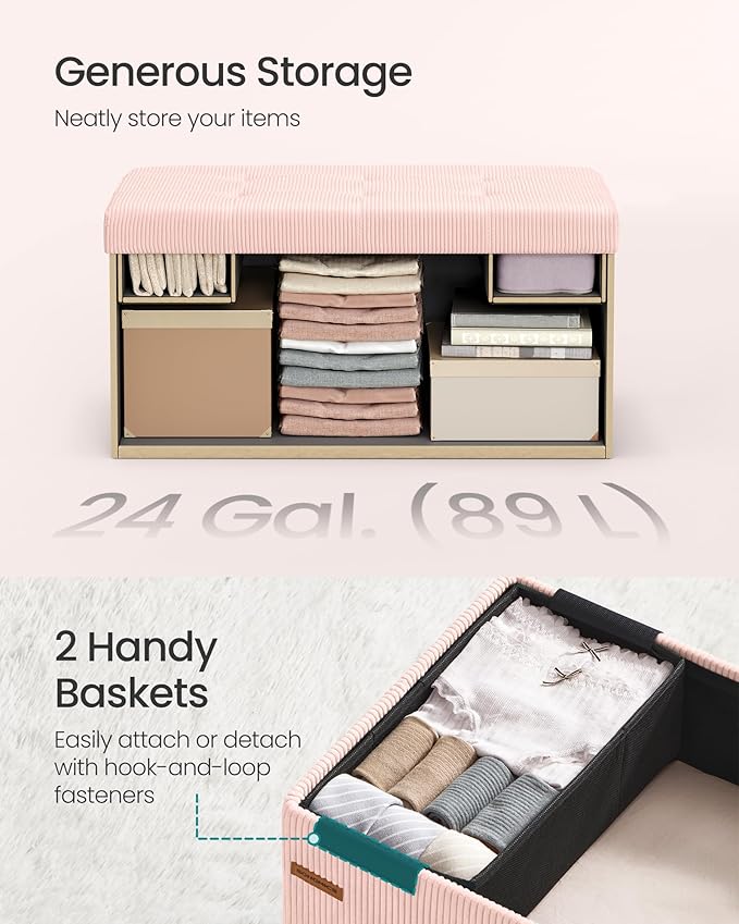 SONGMICS Mazie Collection - Storage Ottoman Bench, Foldable Foot Rest, 15 x 30 x 15 Inches, End of Bed Bench, Storage Chest, Load 660 lb, Living Room, Bedroom, Entryway, Jelly Pink ULSF603R01