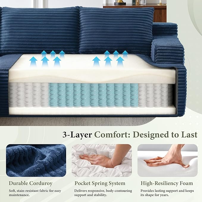 96''Sectional Couches for Living Room,Modern Modular Sectional Sofa,Upholstered Boneless Couch with Pockets,Comfy Cloud Couch with L Shaped Chaise (Blue, 96''W Left Facing Chaise)