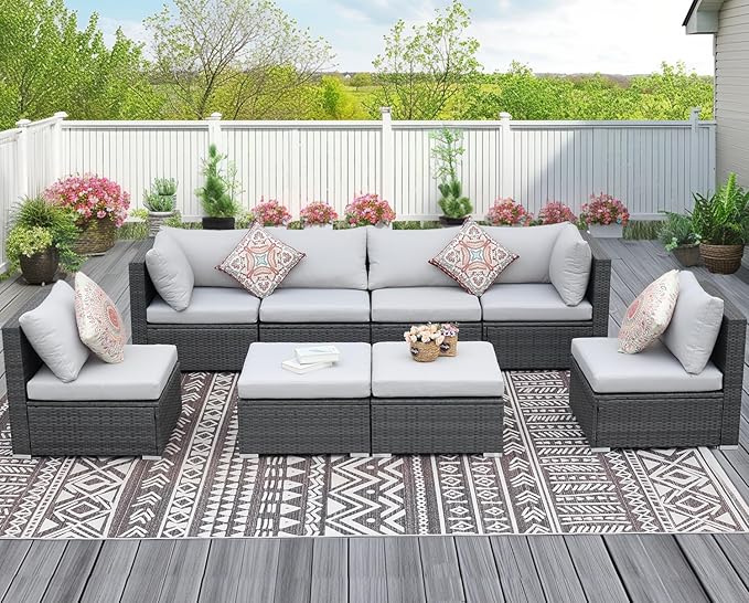 NICESOUL 8 Person Outdoor Patio Furniture Set, Extra Large Wicker Sectional Sofa with Ottoman, All-Weather Wide and Deep Seating Conversations for Outside Garden, 29.3'' High Back Comfy Couches,Grey