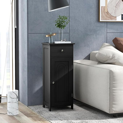 LOKO Bathroom Floor Cabinet, Modern Single Door Storage Cabinet with Drawer & Adjustable Shelves, Corner Narrow Storage Organizer for Living Room, Entryway (Black)