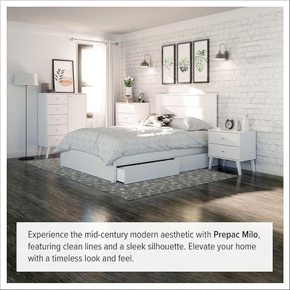 Prepac Milo Mid-Century Modern 2 Drawer Nightstand, Bedside Table, Contemporary Bedroom Furniture, 16"D x 25"W x 25"H, White