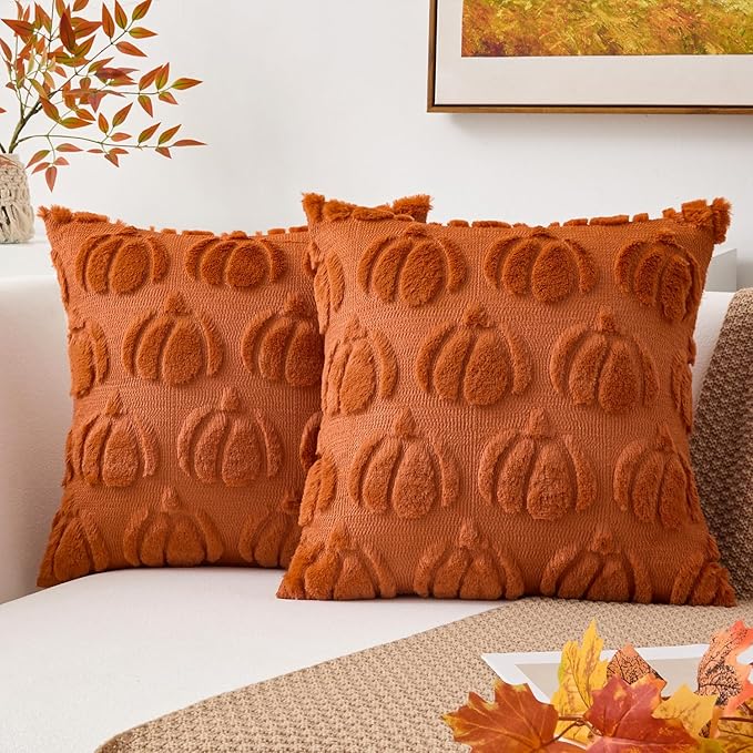 Kevin Textile Fall Pillow Covers 16x16 Inch Set of 2 Soft Pumpkins Decorative Square Pillowcases Plush Autumn Faux Fur Cushions Harvest Gift for Couch Sofa Chair Bedroom Home Decor, Brown