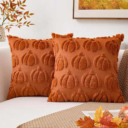 Kevin Textile Fall Pillow Covers 16x16 Inch Set of 2 Soft Pumpkins Decorative Square Pillowcases Plush Autumn Faux Fur Cushions Harvest Gift for Couch Sofa Chair Bedroom Home Decor, Brown