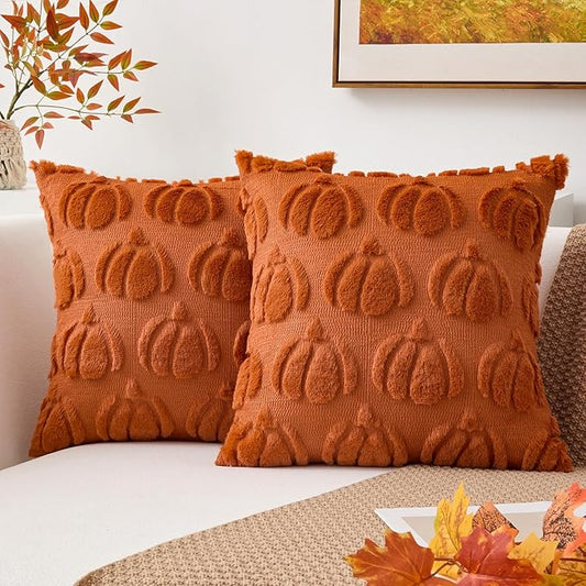 Kevin Textile Fall Pillow Covers 16x16 Inch Set of 2 Soft Pumpkins Decorative Square Pillowcases Plush Autumn Faux Fur Cushions Harvest Gift for Couch Sofa Chair Bedroom Home Decor, Brown