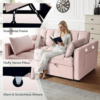 FLEXISPOT XCT4 Pull Out Couch for Small Spaces, 3-in-1 Convertible Loveseat Sofa Bed with Adjustable Backrest, Compact Futon Sofa Bed Twin Sleeper Loveseat for Apartment Dorm RV Guest Room,Pink
