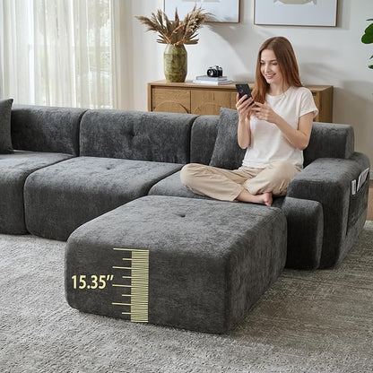 LIDYUK 118" Modern L-Shaped Boneless Couch Modular Sectional Sofa for Living Room, Chenille Upholstery Grey, Oversized 3-Seater Sectional Couch with Deep Seat and Movable Ottoman, No Assembly
