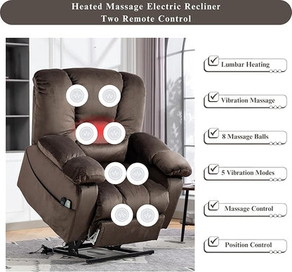 Big Man 500 lbs Power Lift Recliner for Big & Tall Elderly Adults 28 Inch Wide Seat, Lay Flat Lift Recliner Chair with Extended Footrest, Heat Massage, USB Type-C, Flip Arm Storage & Cup Holders