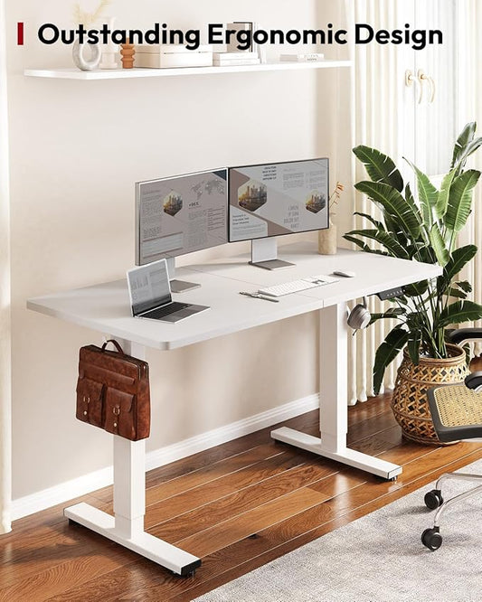 SANODESK Standing Desk Height Adjustable Electric Stand up Desk 55x24 Inches Sit Stand Home Office with Splice Board, White Frame/White Top