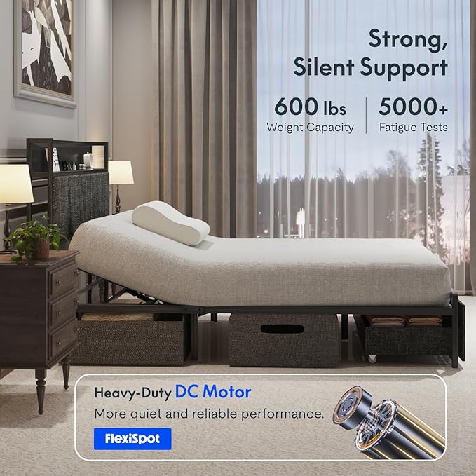 FLEXISPOT Queen Adjustable Bed with Storage Headboard, Charging Station, Head Incline, LED Lighting, Storage Drawers, Quiet Powerful DC Motor, and Easy Assembly