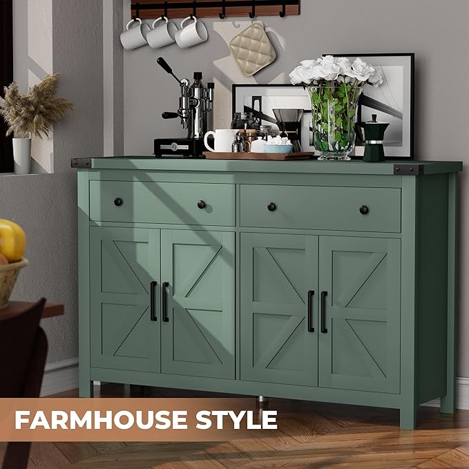 Buffet Cabinet with Storage Farmhouse with 4 Doors and 2 Drawers, 55'' Large Kitchen Storage Cabinet Green Wood Coffee Bar Buffet Sideboard for Kitchen, Dining Room, Living Room
