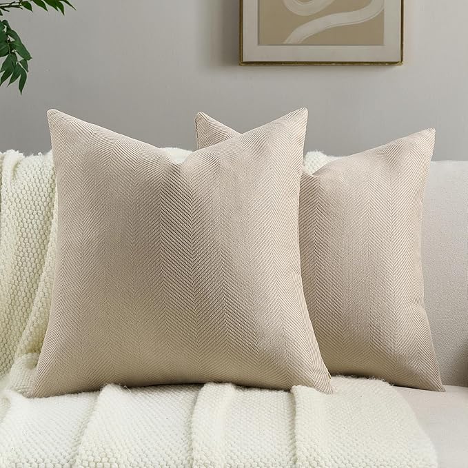 FUTEI Oatmeal Chenille Throw Pillow Covers 16x16 Inch Set of 2,Soft Wide Chevron Textured Cushion Case,Farmhouse Home Decor for Couch Bed Living Room