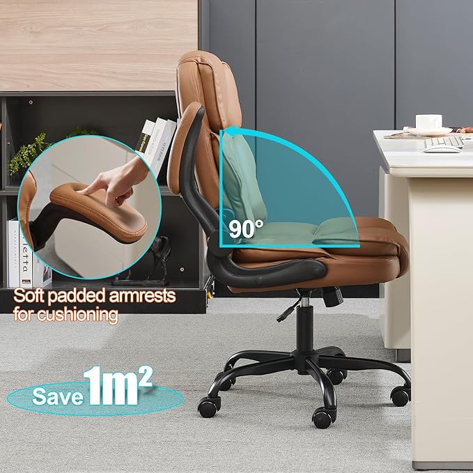 Office Desk Chair,Mid Back Executive Leather Chair,Ergonomic Home Computer Chair,Modern Conference Room Chairs with Adjustable Flip-Up Arms and Rocking Function (Brown)