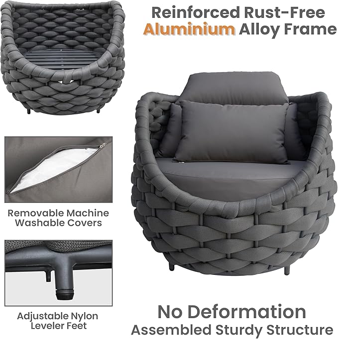 Cushioned Outdoor Patio Furniture Set: 6 Pieces Aluminum Porch Conversation Sofa Set - Modern Hand Woven Rope Deck Couch Set - Assembled All Weather for 661lbs Garden Yard Pool Hotel, Dark Gray