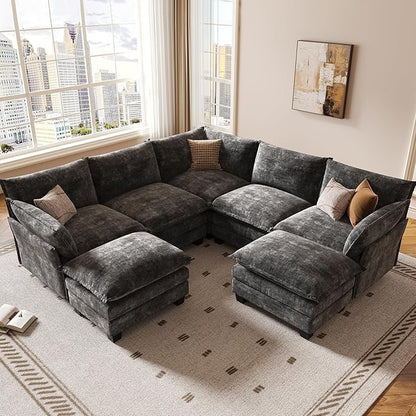 KKL 120" Modular Sectional Sofa, Large V Shape 7 Seater Convertible J/L/U-Shaped Modern Sectional Couch with Ottoman, Chenille Sectional Couches for Living Room, Apartment, Grey