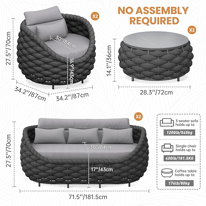 Lanai Outdoor Furniture Sofa Set: 6-Piece Aluminum Woven Rope Patio Conversation Set w/Table - Modern Cushions Couch Set - No Assembly Porch Seating for Deck Yard Garden Pool Hotel Resort