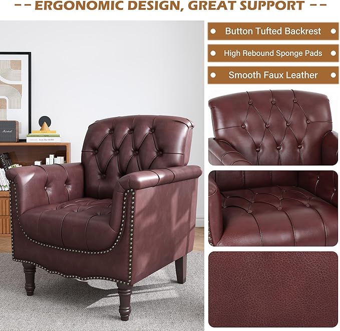 UIXE Faux Leather Accent Chair for Living Room, Tufted Arm Chair Retro Upholstered Club Armchair with Solid Wood Legs, Burgundy Red