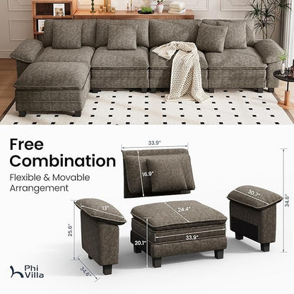 PHI VILLA Cloud Modular Couch Sets, 157.5" Sectional Sofa with L-Shaped Chaise, 5-Seater Upholstered Couches with Movable Ottoman for Living Room, Chenille Fabric, Smoky Grey