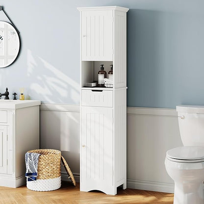 ChooChoo 67" Tall Bathroom Storage Cabinet Freestanding with Adjustable Shelves, Narrow Storage Linen Cabinet with 2 Doors and 1 Drawers for Bathroom, Living Room, Kitchen, White