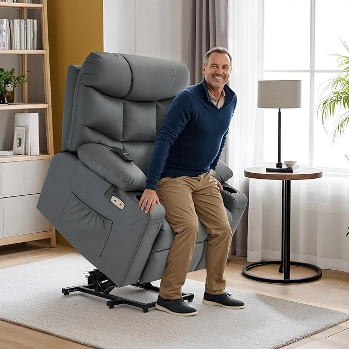 MCombo Power Lift Recliner Chair with Extended Footrest for Elderly People, Faux Leather 7287 (Dark Grey, Medium)