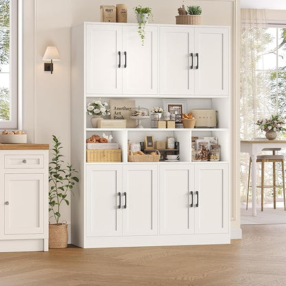 HORSTORS 71" Tall Storage Cabinet, Large Kitchen Cabinet with Deep Shelves and Doors, 47" Freestanding Display Shelf with Storage for Home Office, Living Room, White