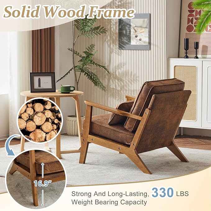 VINGLI Solid Wood Wide Armrests Accent Chair,Upholstered Mid Century Modern Chair with Pillow,Comfy Reading Chair Farmhouse Arm Chair,Chairs Living Room,Bedroom,Guest Room,Suede,Rustic