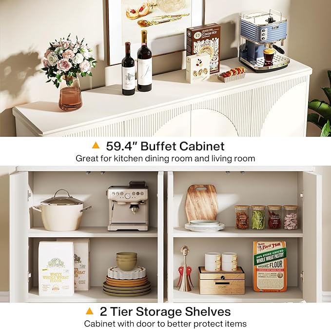Tribesigns Buffet Cabinet Sideboard with Storage, 59.4-Inch White Storage Cabinet Modern Sideboard Buffet Table with Doors for Living Room Kitchen Dining Room