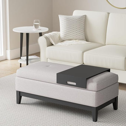 SIMPLIHOME Oregon 42 inch Wide Contemporary Rectangle Storage Ottoman Bench with Tray in Cloud Grey Linen Look Fabric, Assembled, For the Living Room, Entryway and Family Room