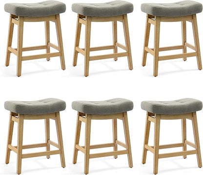 Counter Height Bar Stools Set of 6 for Kitchen Counter Farmhouse Modern Barstools with Upholstered Fabric Backless Seat and Solid Wood Legs 24 inch Bar Chairs, Grey + Wood Color