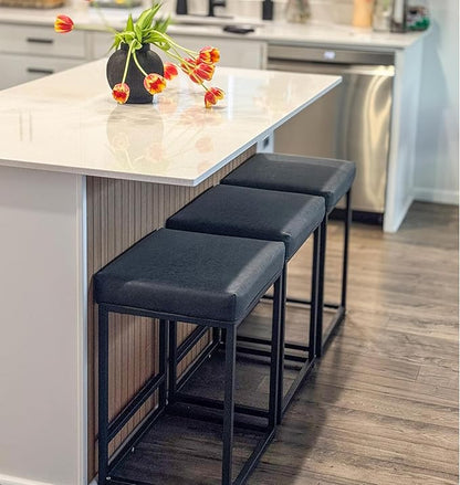 ALPHA HOME 24 Inch Counter Height Bar Stools Set of 2, Upholstered Bar Stools for Kitchen Island, Counter Stools with Faux Leather Cushion and Sturdy Metal Frame, Modern Barstools, Black