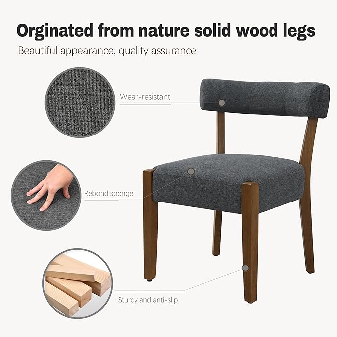 Modern Dining Chairs Set of 6, Walnut Upholstered Kitchen & Dining Room Chairs, Mid Century Wooden Dining Chairs Oversized Sturdy Fabric Rounded Chairs Curved Back, Dark Grey