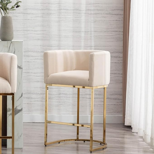 Contemporary Cream Linen Bar Stool, 29" Upholstered Fabric Counter Height Barstool Kitchen Counter Island Stool with Golden Metal Base