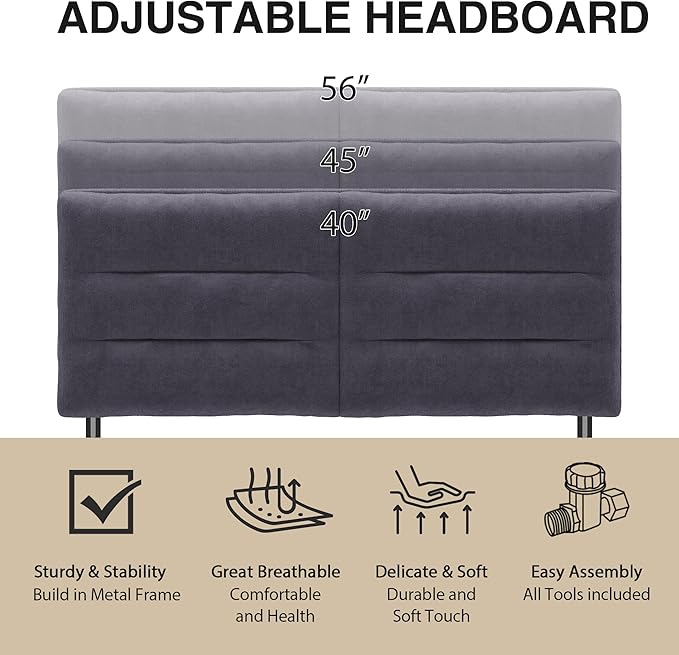 King Size Velvet Headboard Foldable Panels Backboard, Upholstered California King Head Board for Bedroom Adjustable Height from 42" to 56"-Grey