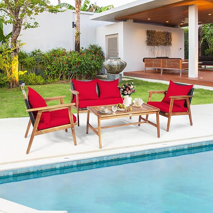 COSTWAY 4 Pieces Acacia Wood Patio Conversation Set, Outdoor Wicker Sofa with Coffee Table & Cushions, Patio Rattan Furniture Set for Yard, Porch, Poolside, Balcony, Backyard, Red
