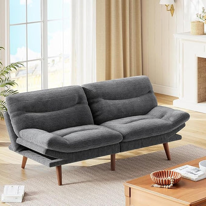 Marsail Futon Sofa Bed, Futon Couch with Adjustable Backrest & Armrests, Convertible Small Sleeper Sofa Bed for Small Apartments, Study Room, Office, Corduroy Loveseat, Dark Grey