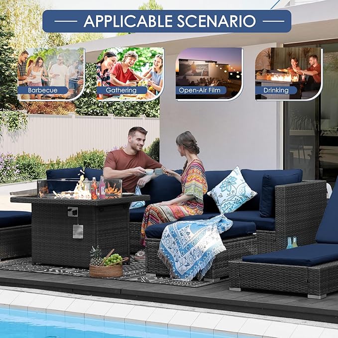 NICESOUL 7 Piece Outdoor Sectional Sofa Set with Firepit Natural Gas & Propane Convertible, Oversized Deep Seating Patio Furniture for Tall Person, 2 Color Cushion Navy & Gray for Easy Maintenance