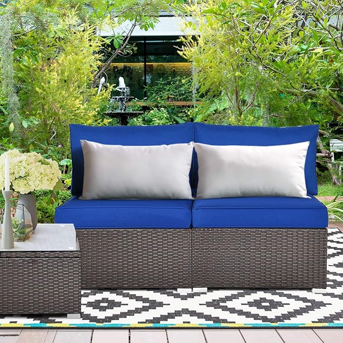 COSTWAY 2PCS PE Rattan Armless Sofa, Wicker Patio Conversation Set Chairs with Soft Cushion, Outdoor Sectional Furniture for Yard, Poolside (Navy)