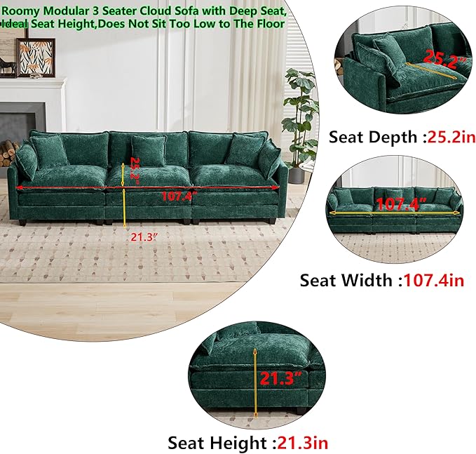 Aoowow Modular Sectional 3 Seater Cloud Sofa Couch for Living Room,113.8" Cloud Sofas with Deep Seat,Modern Chenille 3 Seat Sofas,Fluffy Cloud Couches for Bedroom,Apartment,Office (Green, 3 Seater)