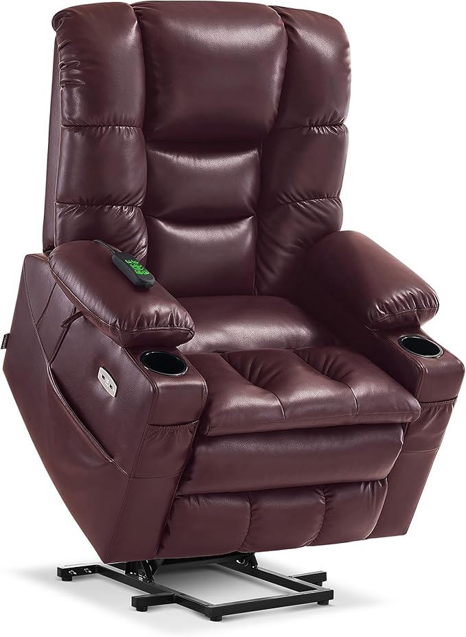 MCombo Large Triple Motor Power Lift Recliner Chair with Massage and Dual Heating, Adjustable Headrest for Tall Elderly People, Faux Leather 7634 (Wine, Large)