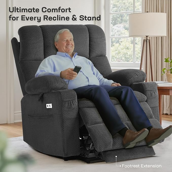 Tami Tami Dual Motor Power Lift Chair Recliner for Elderly with Massage and Heat, Infinite Position Electric Lift Recliner with Adjustable Headrest, USB (T6015 - Plush Fabric, Dark Gray, Oversized)