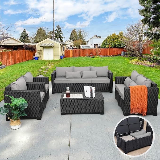Rattaner 5-Piece Patio Furniture Sofa Set Outdoor Wicker Sectional Couch with Storage Table Non-Slip Cushions Furniture Covers, Grey