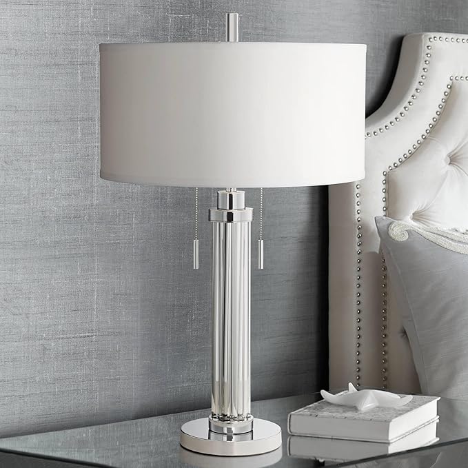 Possini Euro Design Cadence Modern Table Lamp 30" Tall with USB Dimmer Linear Clear Glass Rod White Linen Drum Shade for Bedroom Living Room House Bedside Nightstand Home Office Entryway Family