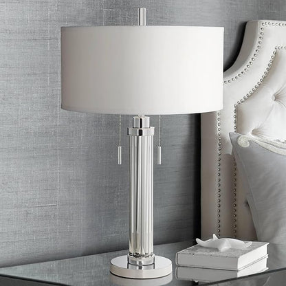 Possini Euro Design Cadence Modern Table Lamp 30" Tall with USB Dimmer Linear Clear Glass Rod White Linen Drum Shade for Bedroom Living Room House Bedside Nightstand Home Office Entryway Family