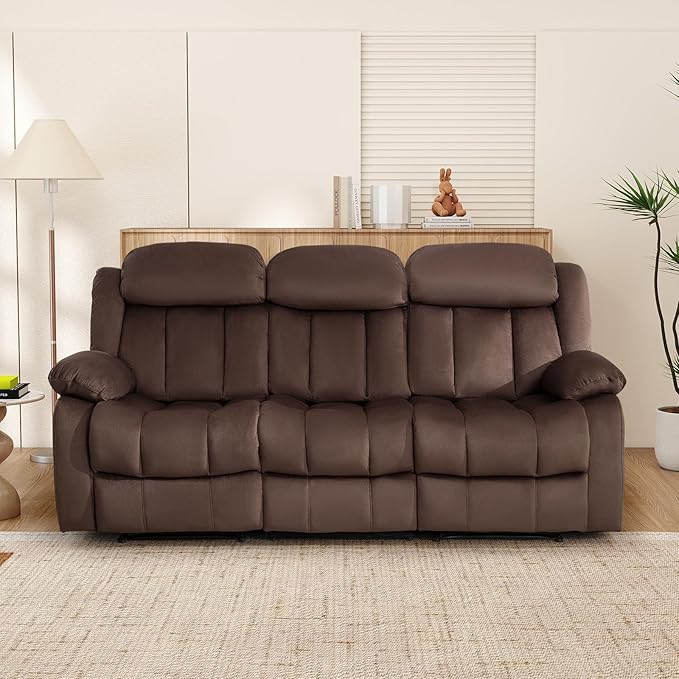INZOY Manual Recliner Sofa with Padded Armrest, Wall-Hugger 3 Seat Reclining Love Seat Couches with Overstuffed Back, 3 Seater Reclining Chair for Living Room Theater Seating, Brown