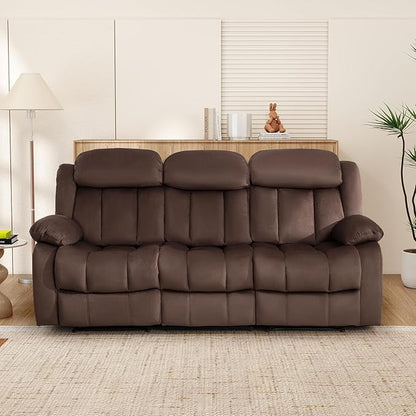 INZOY Manual Recliner Sofa with Padded Armrest, Wall-Hugger 3 Seat Reclining Love Seat Couches with Overstuffed Back, 3 Seater Reclining Chair for Living Room Theater Seating, Brown