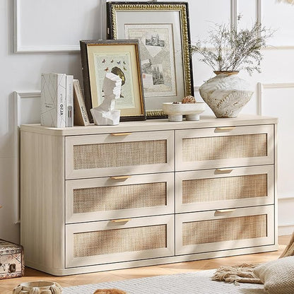 LEYAOYAO Rattan 6 Drawer Dresser for Bedroom Set of 2, Boho 54" Wide White Dresser Chest of Drawers, Dressers TV Stand with Metal Handle, Storage Dressers Closet Organizer for Living Room, Hallway