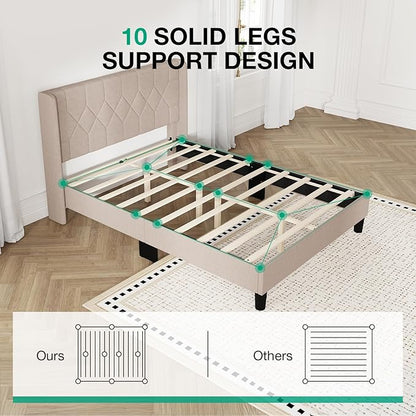 Novilla Queen Size Bed Frame, Queen Bed Frame with Headboard, Linen Upholstered Pull-Point Wing Side Headboard, No Box Spring Needed, Heavy Duty Feet, Easy Assembly, Beige