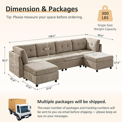 VANOMi 4 Seat Modular Cloud Sofa with 2 Ottomans, 118" Sectional Sofas & Couches for Living Room, Comfy Chenille Cloud Sectional Couch Sofas for Living Room, Apartment, Office, Camel, U Shaped